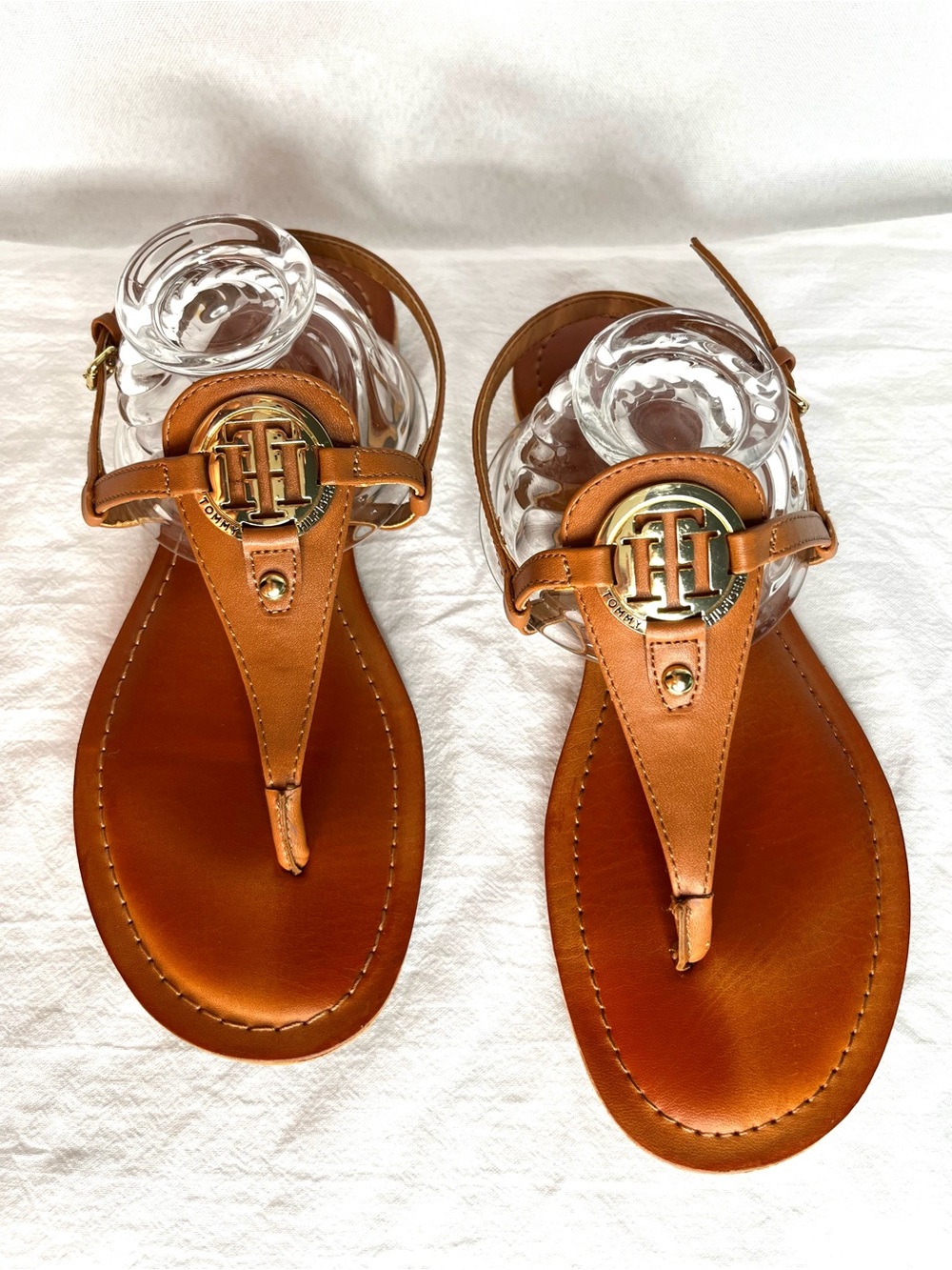Tommy Hilfiger Cognac Leather Logo Thong Sandals